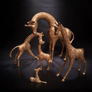 Brass Giraffe Family Set 5 Piece Various Sizes Safari Decor Animal Look Statues
